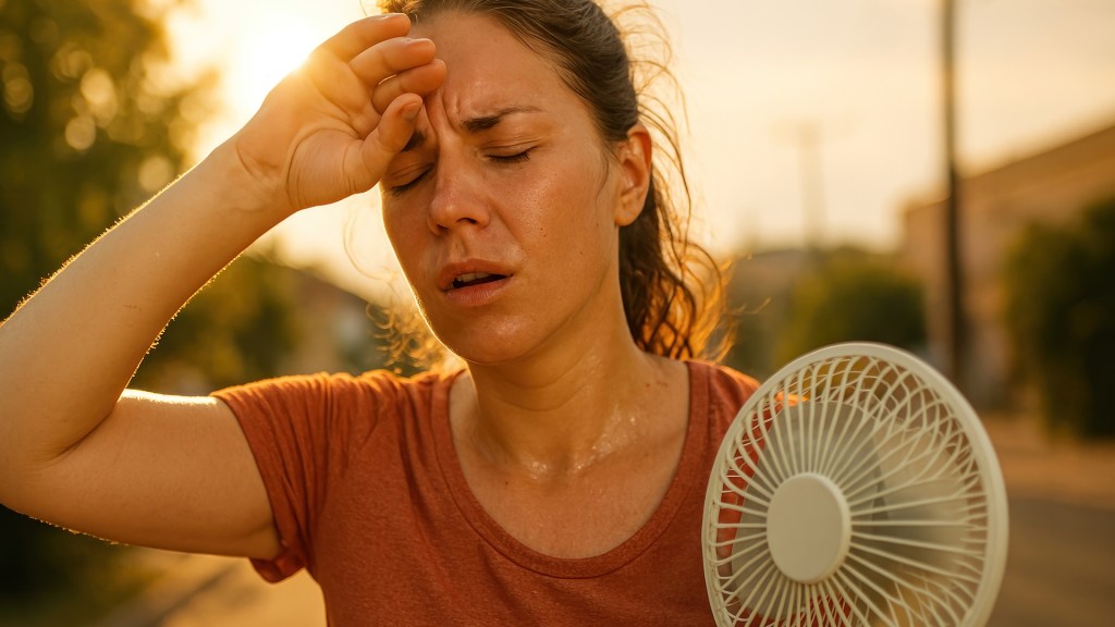 Picture shows woman with her hand on her forehead and holding a fan sweating heavily while outdoors